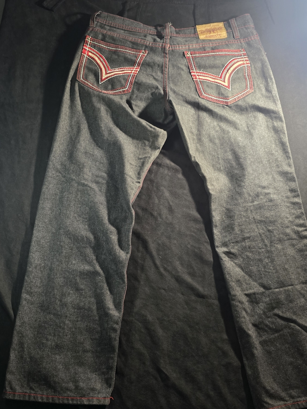 Avalanche Black Denim Jeans with Red & White Pocket Embroidery